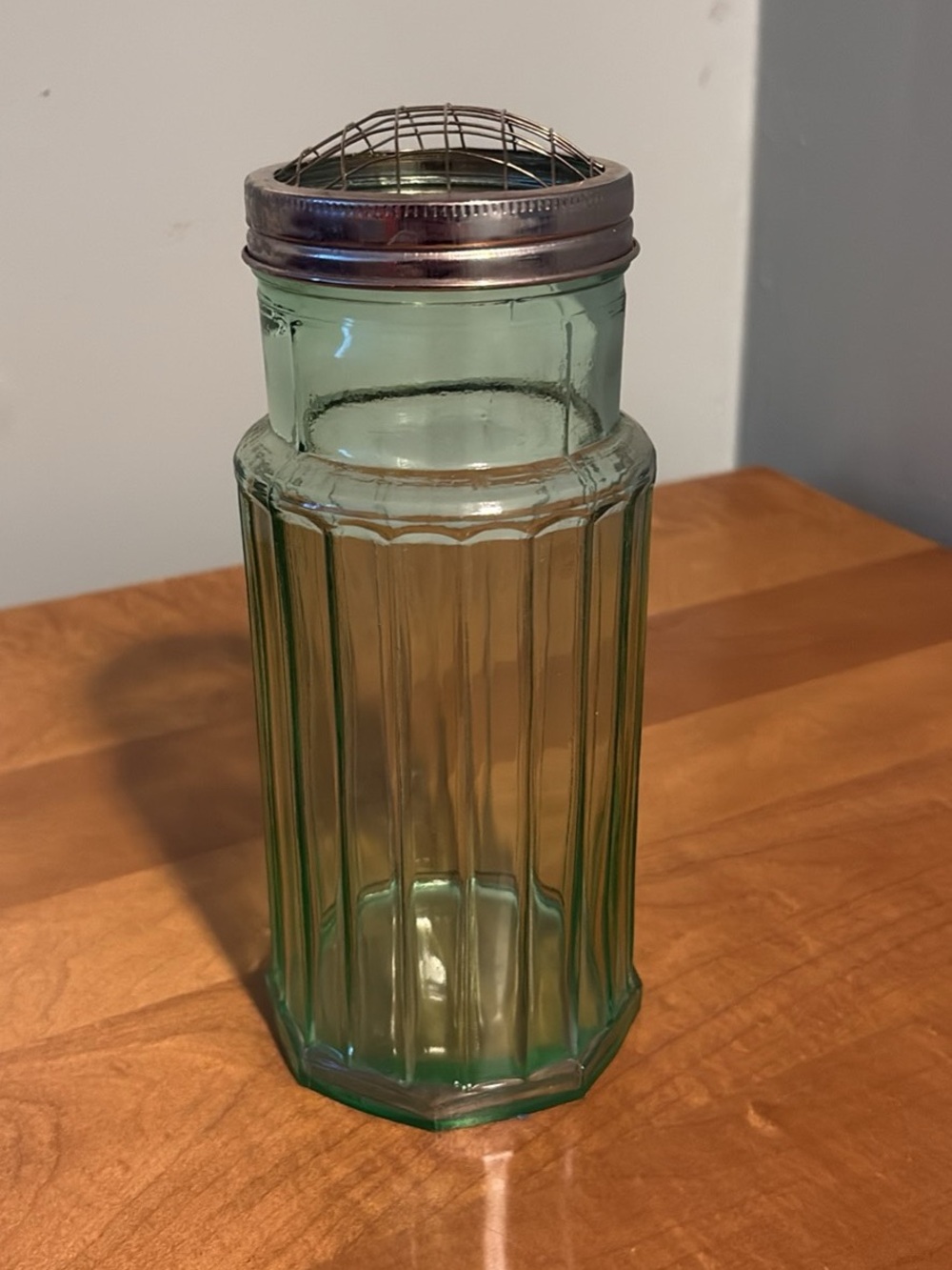 Green Glass Sugar Shaker with Metal Sifter